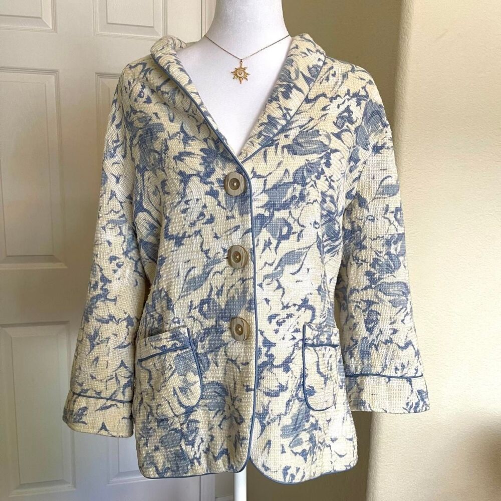 Coldwater Creek Grandmilliennial Blue Floral Jacquard Topper Jacket - size 14
